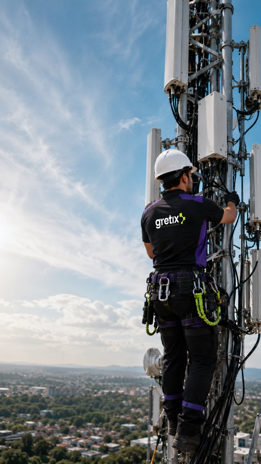 Técnico de Gretix trabajando en una torre de telecomunicaciones